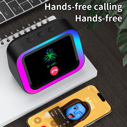 Portable device with screen displaying 'In call...' on a desk with phone and notebook.