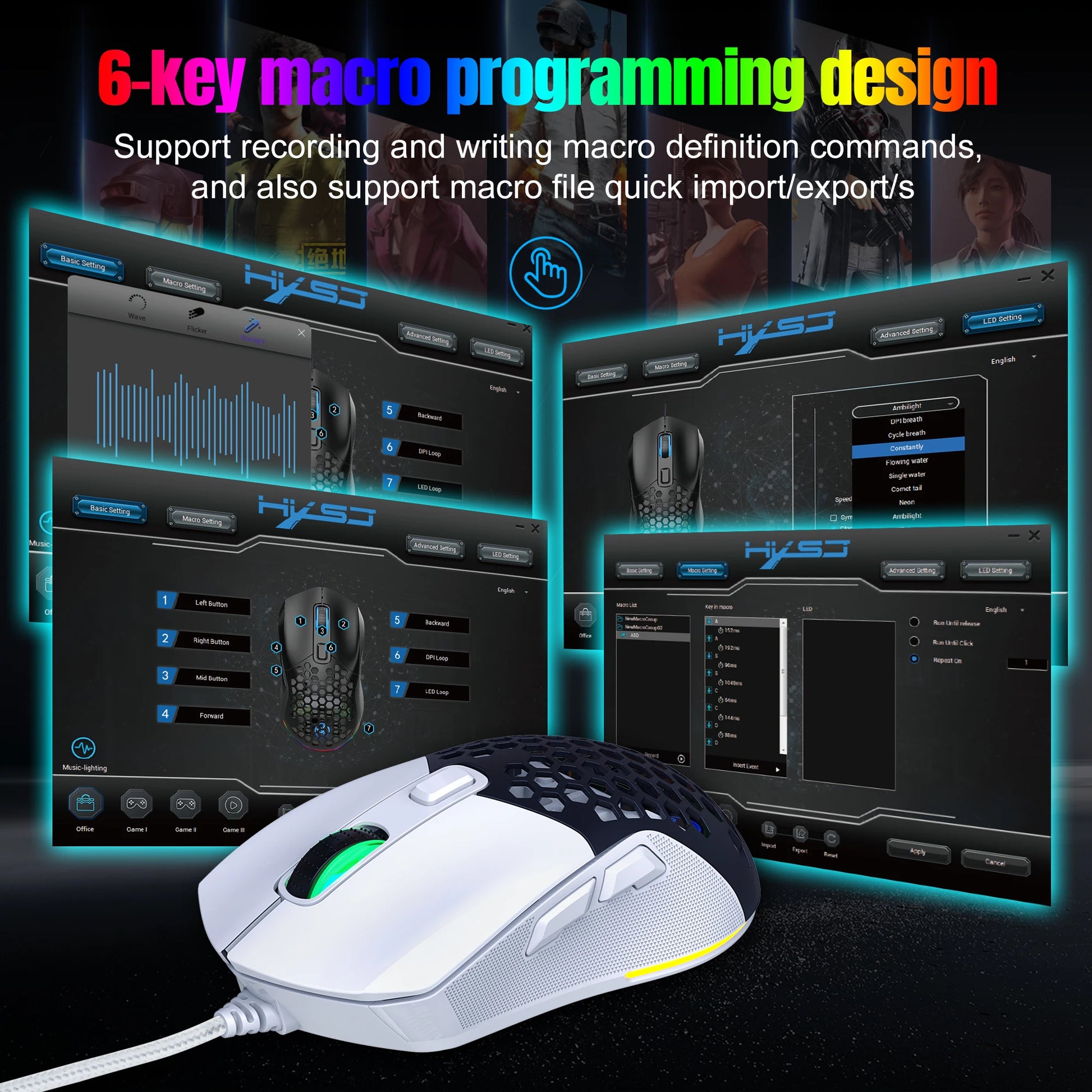 Computer mouse with software interface for macro programming on a dark background