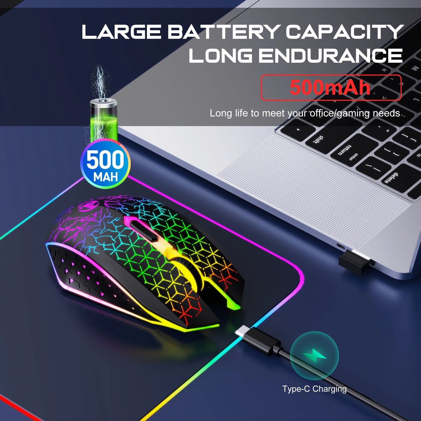 Colorful gaming mouse with laptop on dark surface, highlighting battery capacity and charging feature.