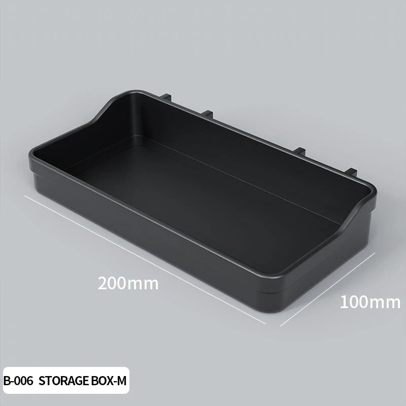 Black storage box with dimensions on a gray background