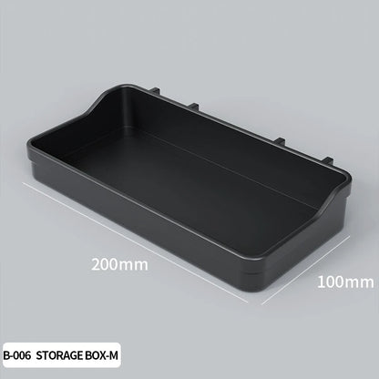 Black storage box with dimensions on a gray background