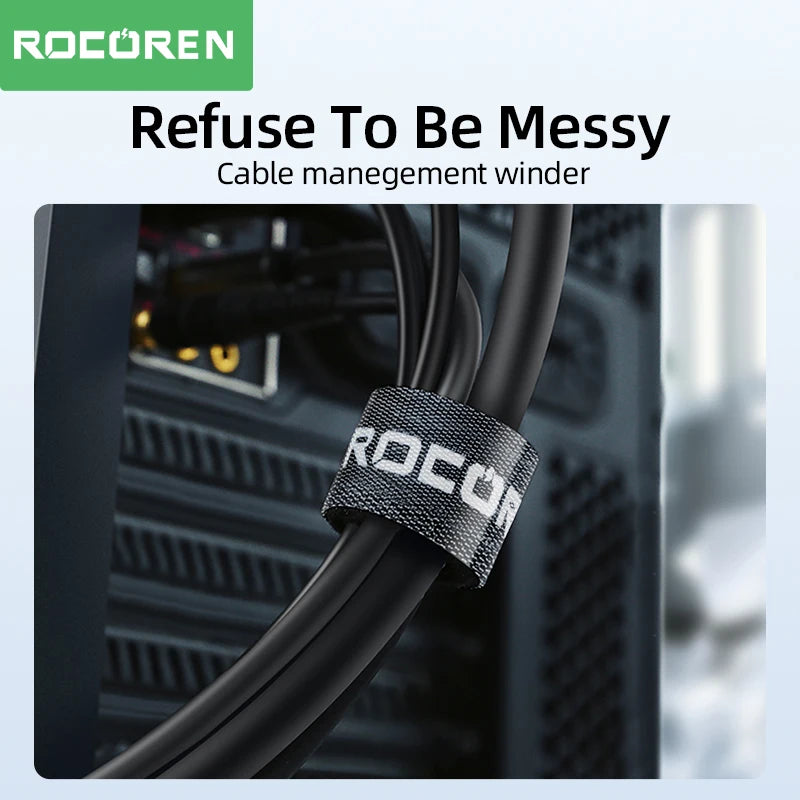 Cable management winder with ROCOREN branding on a blurred background