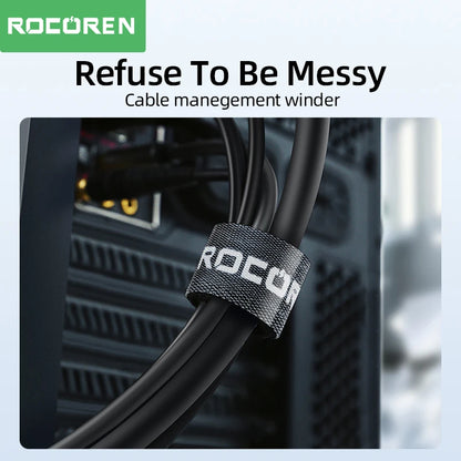 Cable management winder with ROCOREN branding on a blurred background