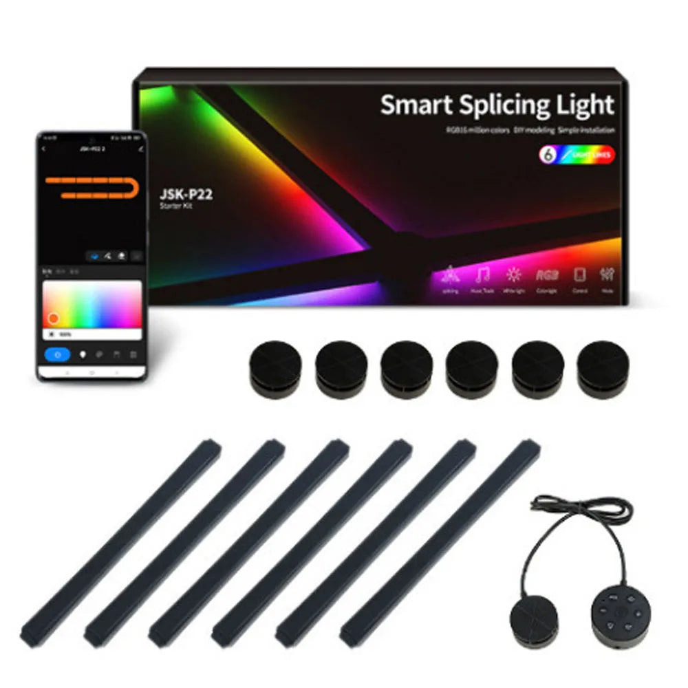 Smart splicing light kit with smartphone app, lights, connectors, and control device on a white background