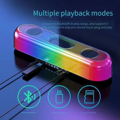 Colorful electronic device with rainbow gradient on a dark background, featuring Bluetooth, USB, and TF card icons.
