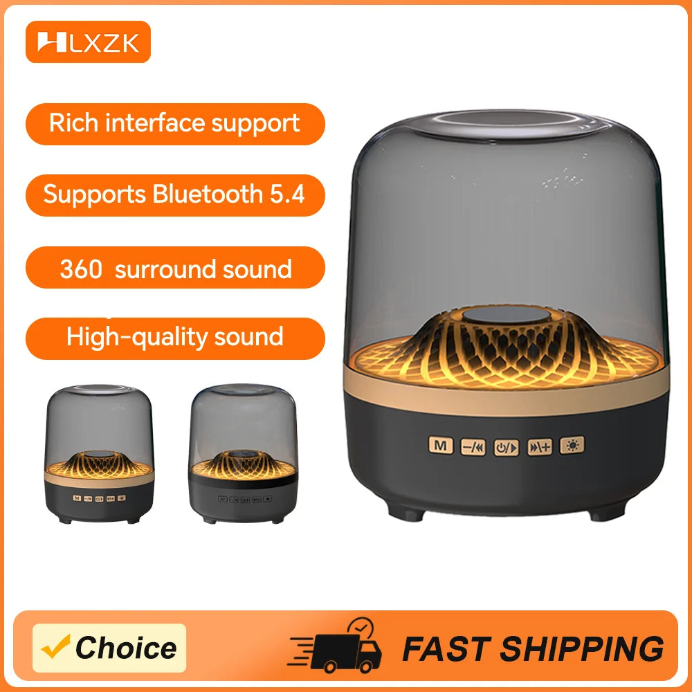 Black and gold speaker with features listed on an orange background