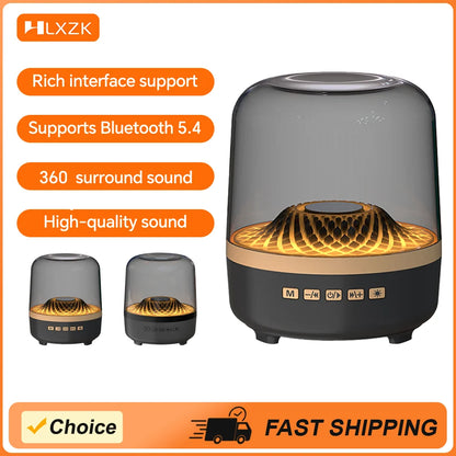 Black and gold speaker with features listed on an orange background