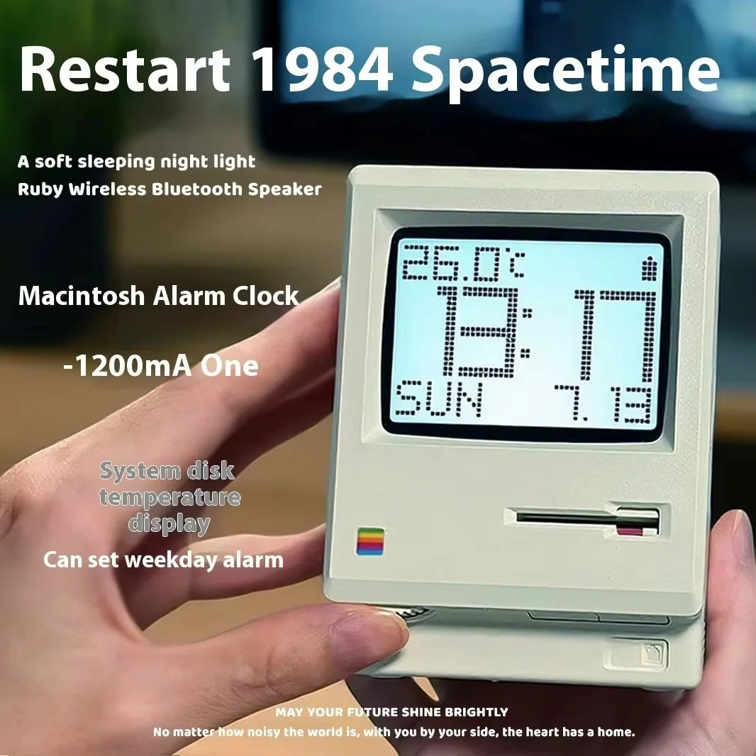 Digital alarm clock with text overlay on a blurred background