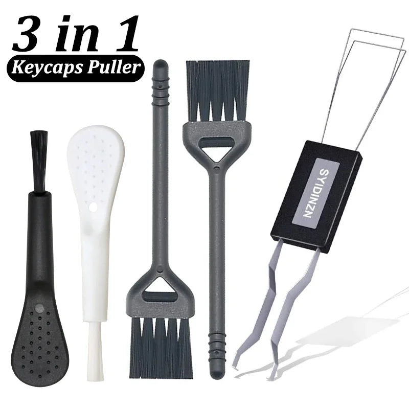 Set of 3-in-1 keycap puller tools with various components on a white background