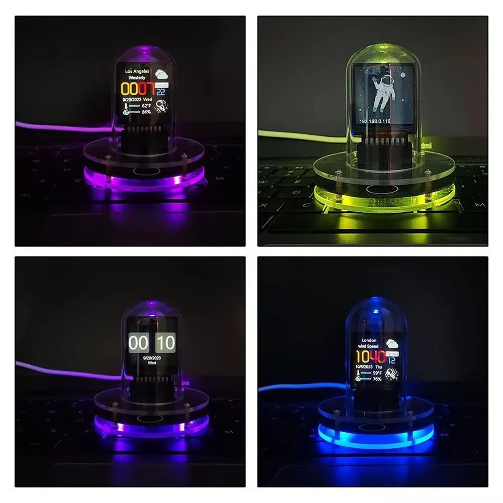 Four views of a digital clock with colorful LED lighting on a dark background