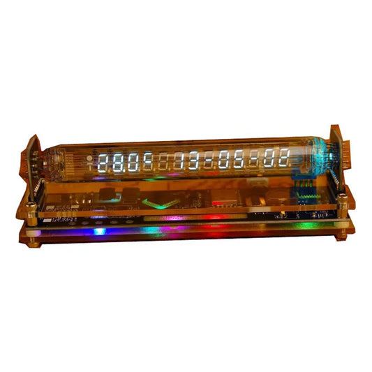 Digital clock with colorful LED display on a white background