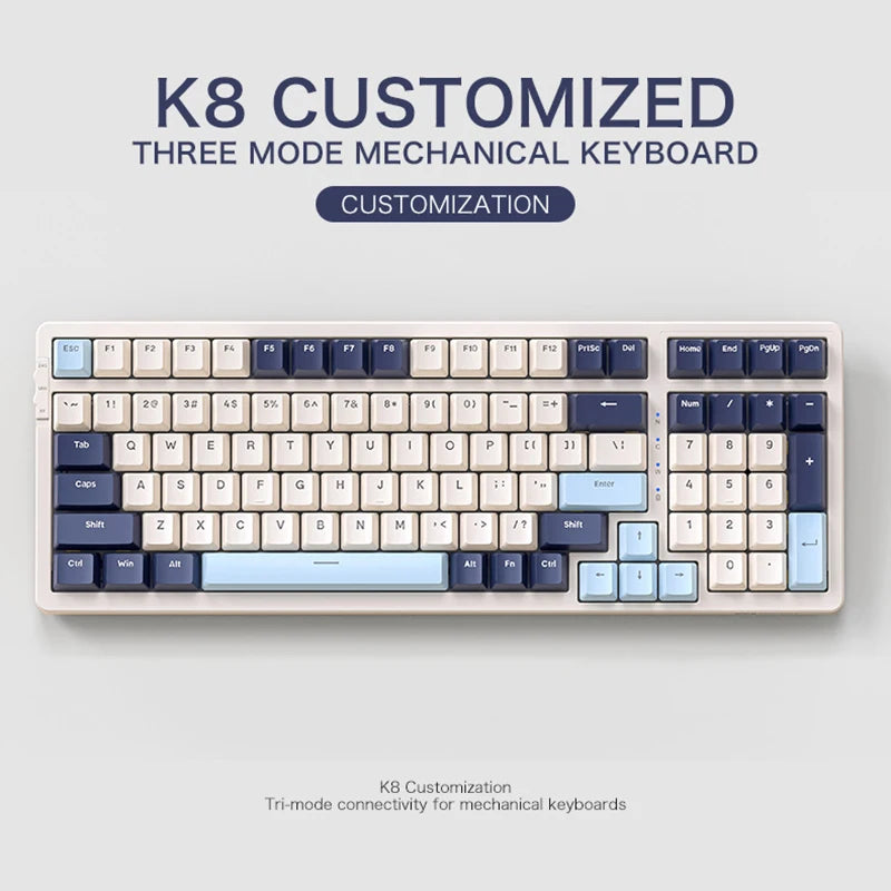 K8 Customized three mode mechanical keyboard on a light gray background