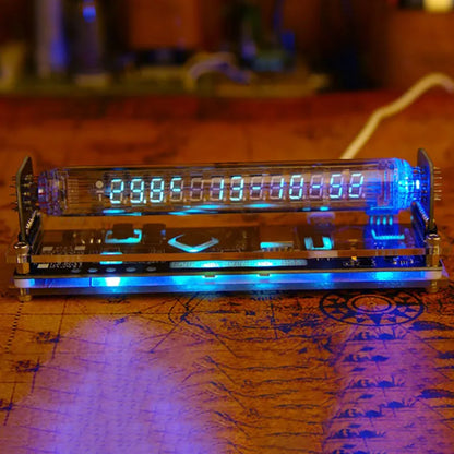 Digital clock with blue LED display on a wooden surface