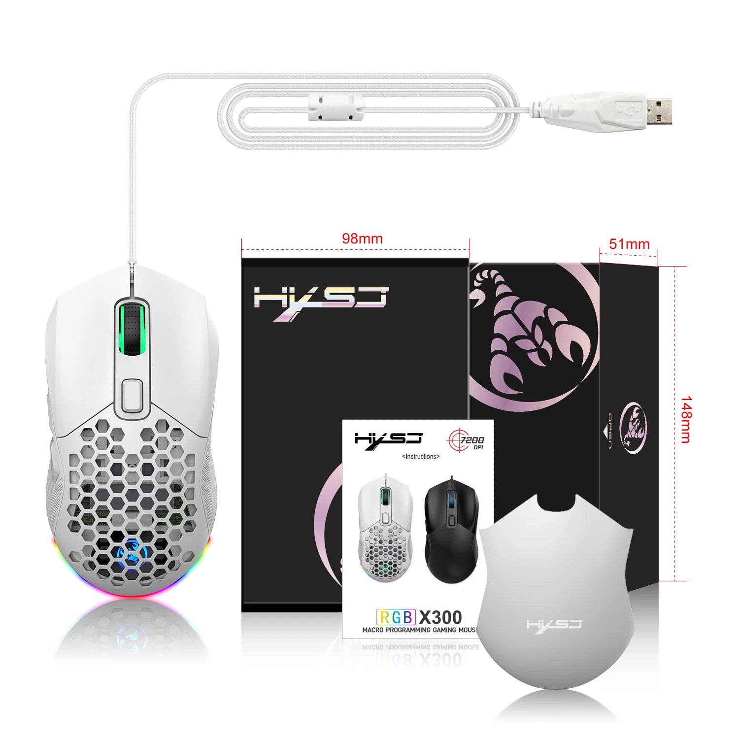 White gaming mouse with RGB lighting, USB cable, and HXSJ branded packaging on a white background.