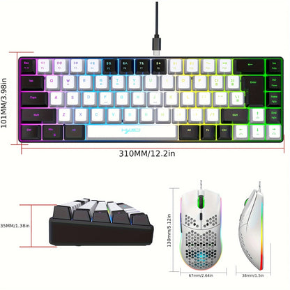 Gaming keyboard and mouse set with RGB lighting, showing dimensions on a white background.