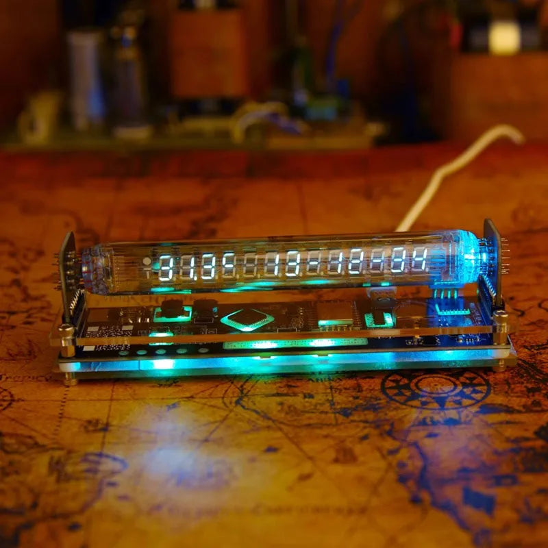Digital clock with LED display on a wooden surface