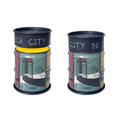 Two cylindrical containers with London-themed design on a white background