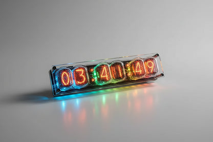 Digital clock display with glowing numbers on a acrylic surface