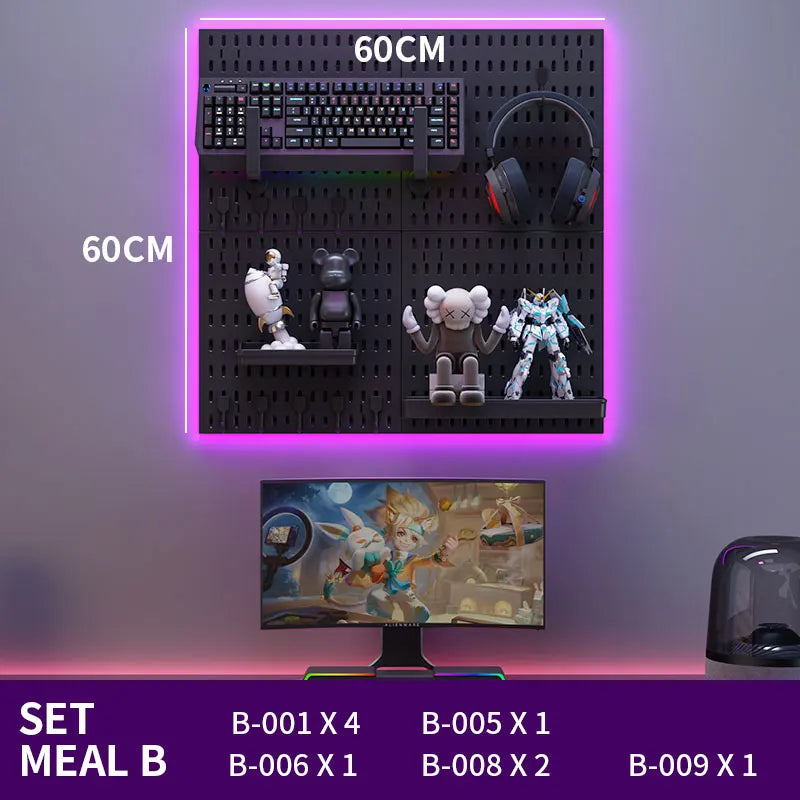 Gaming setup with monitor, keyboard, mouse, and figurines on a pegboard with LED lighting.