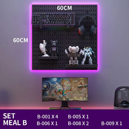 Gaming setup with monitor, keyboard, mouse, and figurines on a pegboard with LED lighting.