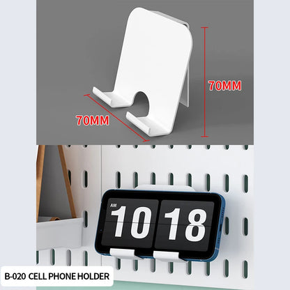 White phone holder with dimensions and a digital clock on a pegboard background