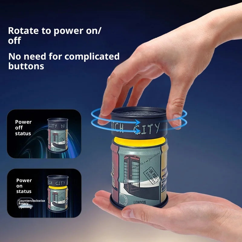 Hand rotating a cylindrical device to power it on or off against a dark background