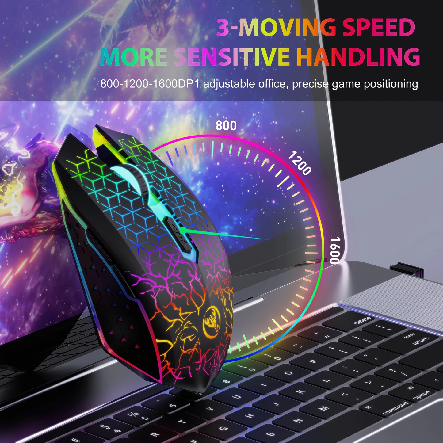 Colorful gaming mouse on a laptop with text about moving speed and sensitivity handling.