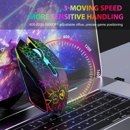 Colorful gaming mouse on a laptop with text about moving speed and sensitivity handling.