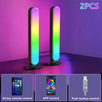 Two RGB lamps with control options on a purple background