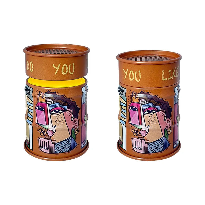 Two colorful ceramic pots with artistic designs and text on a white background