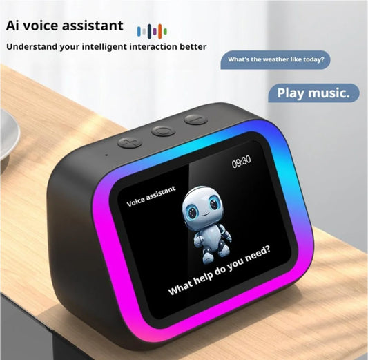 Smart device with a screen displaying an AI voice assistant on a wooden surface.