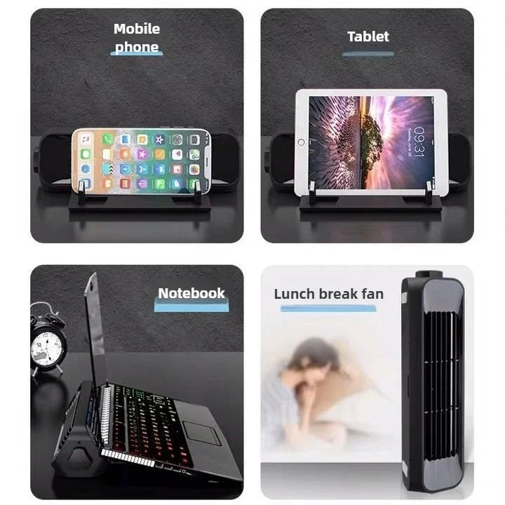 Set of electronic accessories including phone stand, tablet stand, laptop stand, and small fan.