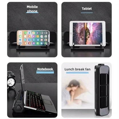 Set of electronic accessories including phone stand, tablet stand, laptop stand, and small fan.