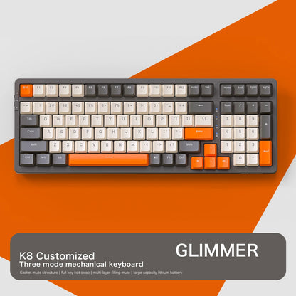 K8 Customized three mode mechanical keyboard with orange and gray keys on a white and orange background