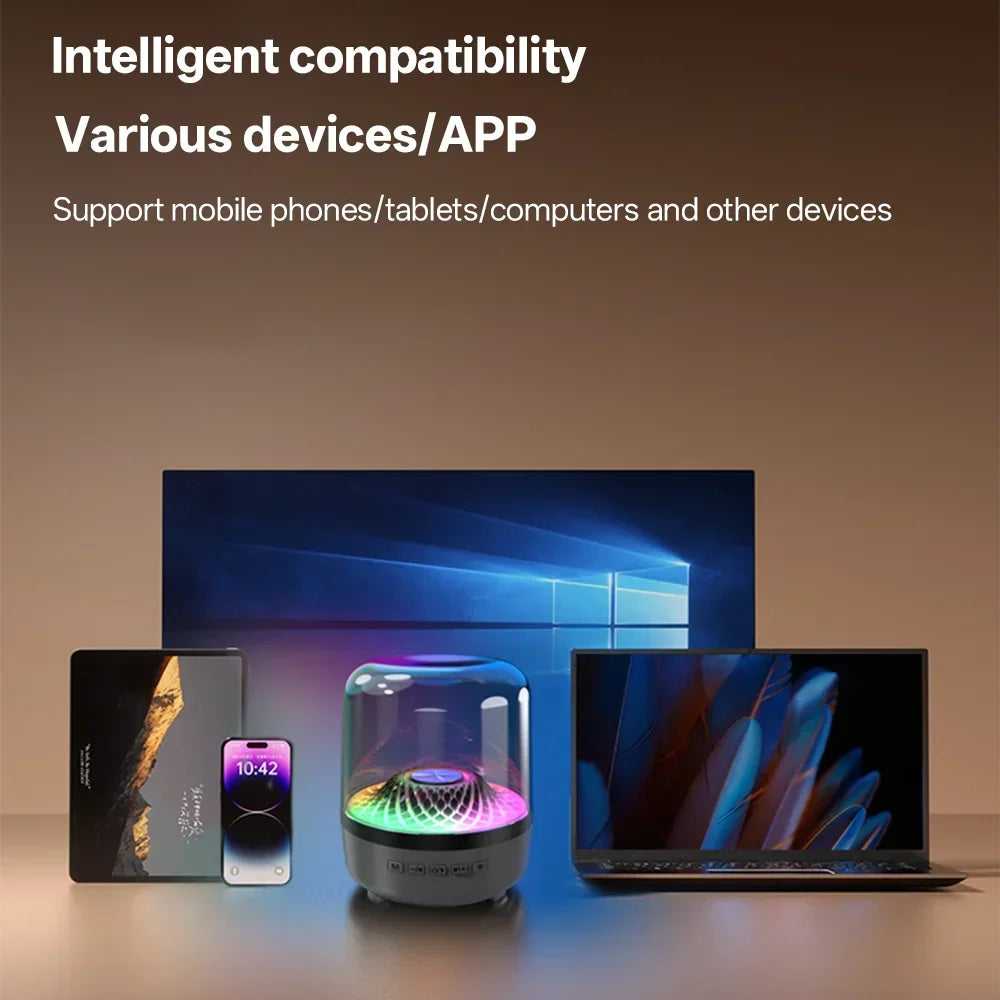 Smart device with screen, smartphone, and laptop on a reflective surface with text about compatibility.