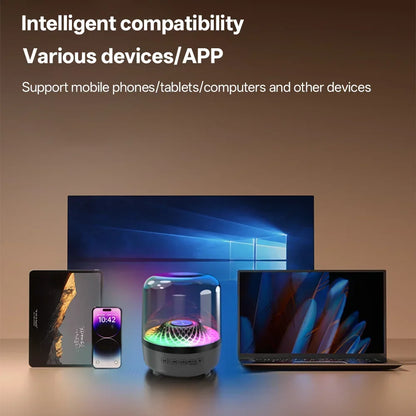 Smart device with screen, smartphone, and laptop on a reflective surface with text about compatibility.