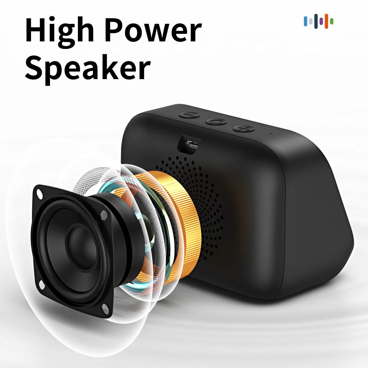 Black high power speaker with internal components on a white background