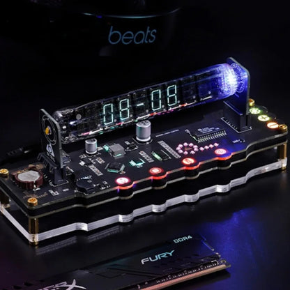 Electronic component with digital display and LED lights on a dark background, featuring the Beats brand.