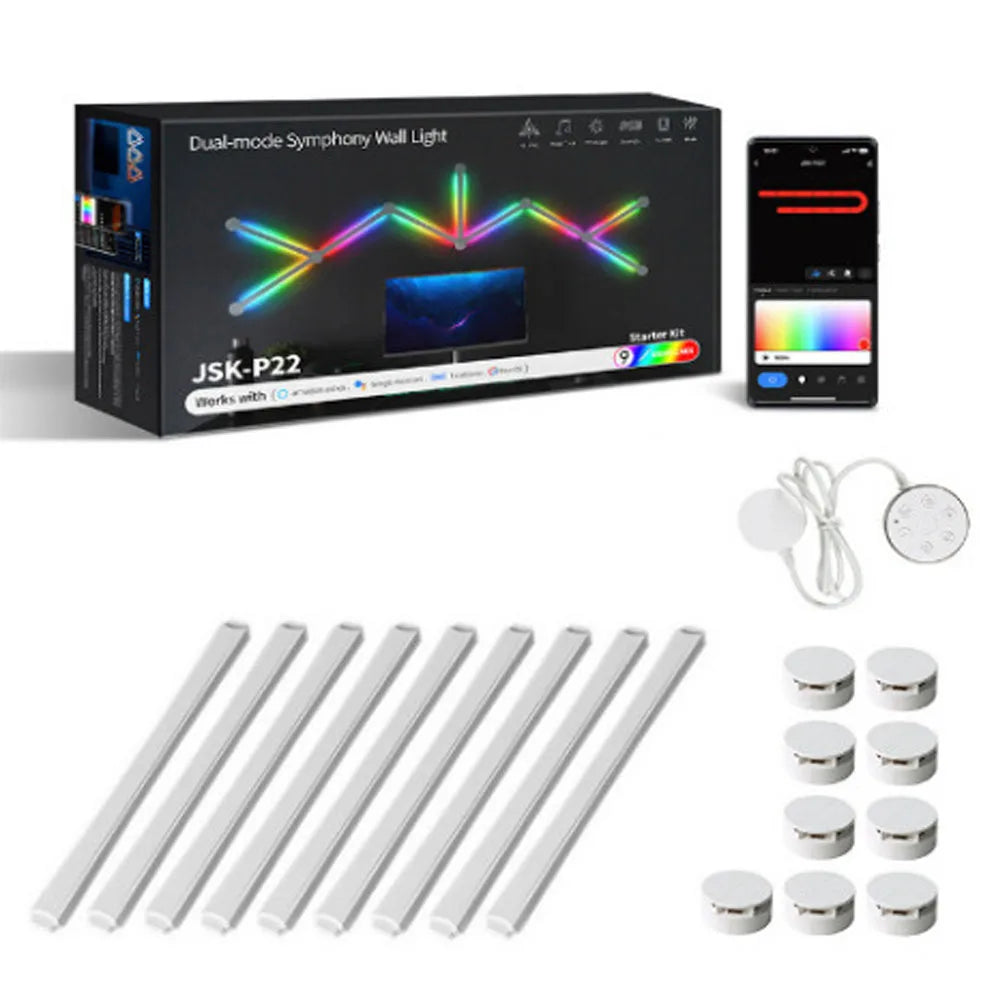 Dual-mode Symphony Wall Light kit with packaging, remote control, and components on a white background