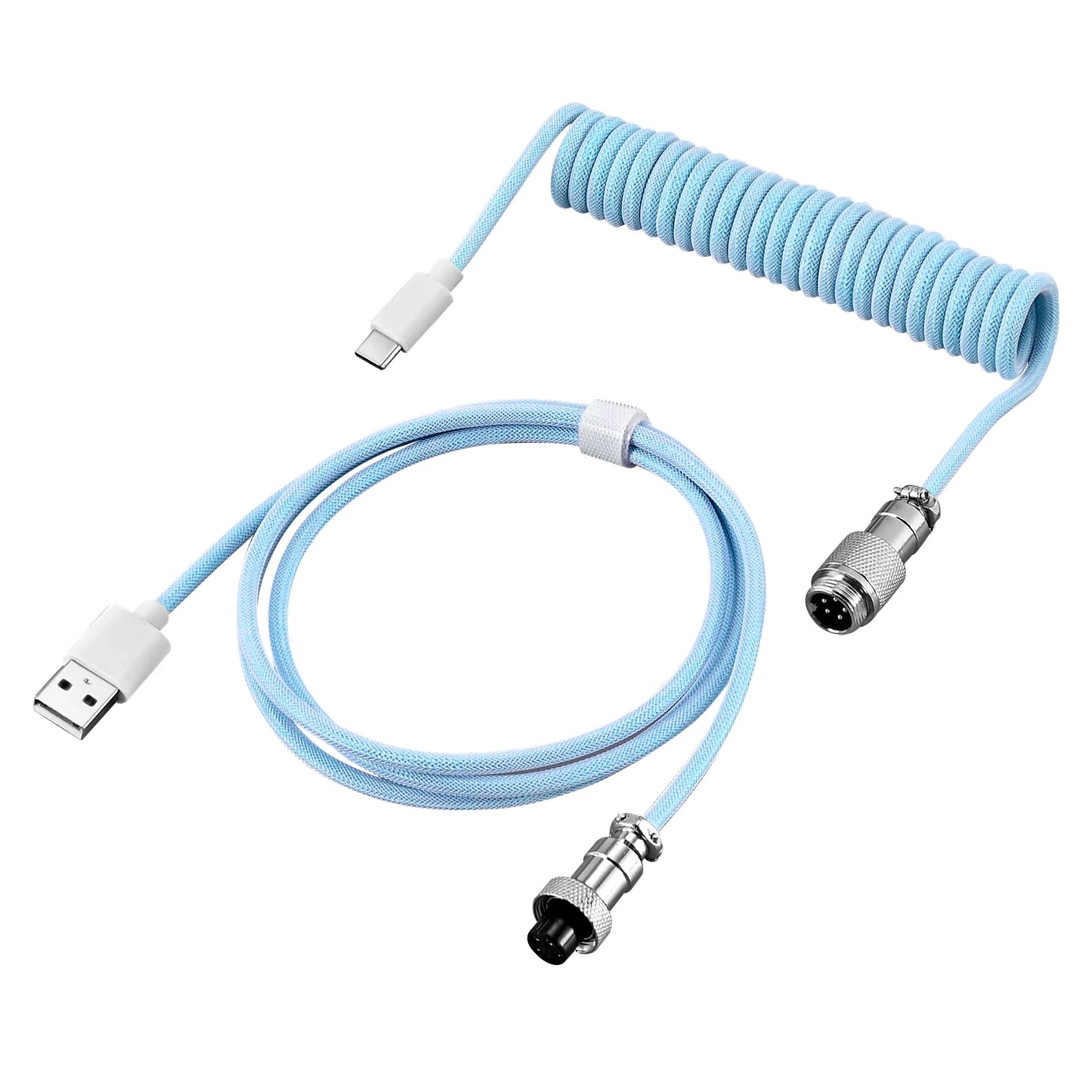 Coiled cable with USB connector and industrial plug on a white background