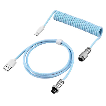 Coiled cable with USB connector and industrial plug on a white background