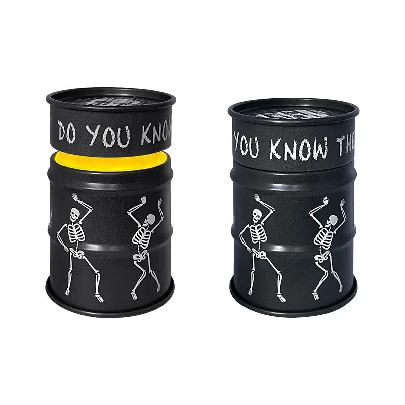 Two black barrels with skeleton designs and text on a white background