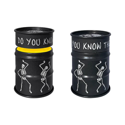 Two black barrels with skeleton designs and text on a white background