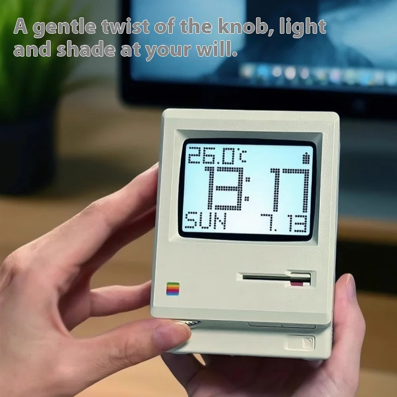 Digital clock with temperature display held by a hand, with text overlay.