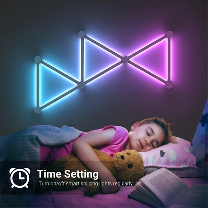 Child sleeping with a colorful LED wall light in the background