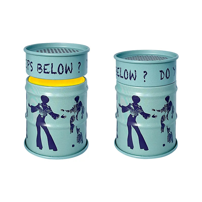 Two blue trash cans with silhouette designs and text on a white background