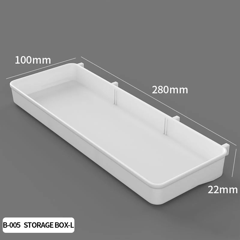 White storage box with dimensions labeled on a gray background