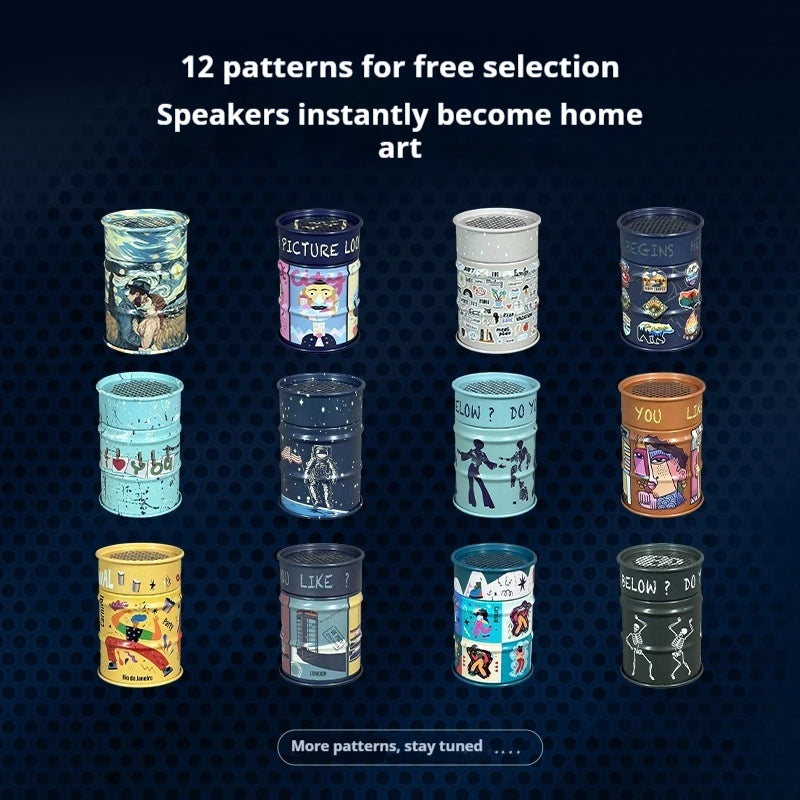 Collection of decorated cans with various patterns on a dark blue background