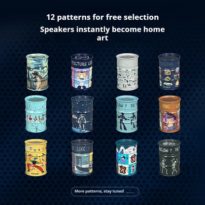 Collection of decorated cans with various patterns on a dark blue background