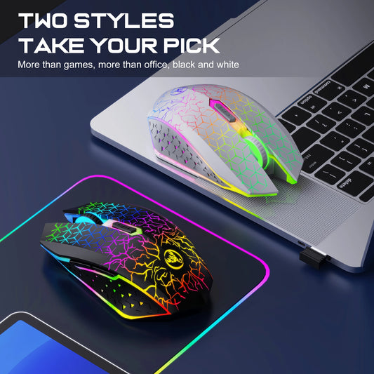 Two gaming mice with colorful designs on a laptop
